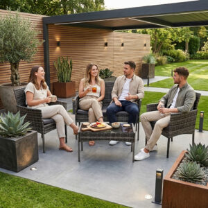 Sodo baldų komplektas iš technorotango, suoliukas, stalas, kėdės, pilkas, MultiGarden - Image 2