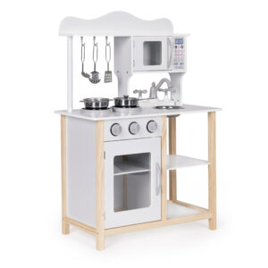 Medinė vaikiška virtuvėlė su orkaite ir maisto gaminimo priedais, balta, ECOTOYS - Image 2