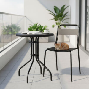 Apvalus sodo stalas 60 cm, grūdinto stiklo stalas sodui, terasai ar balkonui, juodas MultiGarden - Image 2