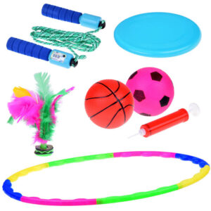 Sporto rinkinys 5in1 Hula hoop lankas, diskas, šokdynė, kamuoliukai, badmintono plunksninukas SP0769