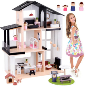 Modernus medinis lėlių namelis LOFT stiliaus + lėlių baldai ZA5073
