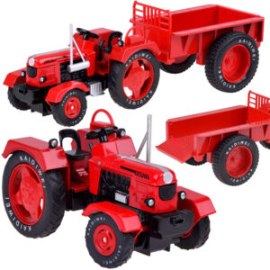 Raudonas metalinis traktorius su priekaba, pasukami guminiai ratai 1:18 ZA5202