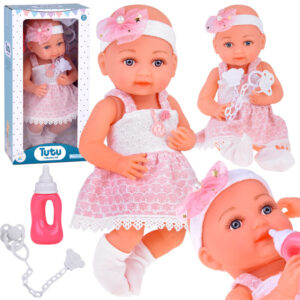 Guminė lėlė kūdikis su rožine suknele, buteliuku, čiulptuku ZA5235 - Image 1