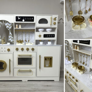 Didelė medinė virtuvė „Glamour“ stiliaus su auksiniais priedais, šviesos ir garso efektais ZA5270 - Image 6