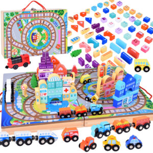 Medinis traukinio rinkinys „Build a City“ + traukinio lagaminas 89 ZA5374