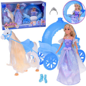 Lėlė princesė su pokylio suknele, baltu žirgu ir karieta ZA5419