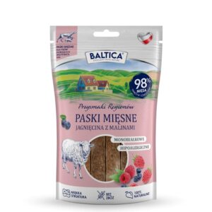 BALTICA Przysmaki Regionów Mėsos juostelės Ėriena su avietėmis – skanėstas šuniui – 90 g