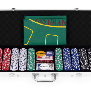 Pokerio ir „Blackjack“ rinkinys – 500 žetonų, 2 kortų kaladės, kauliukai, žaidimų kilimėlis, rakinamas lagaminas - Image 3
