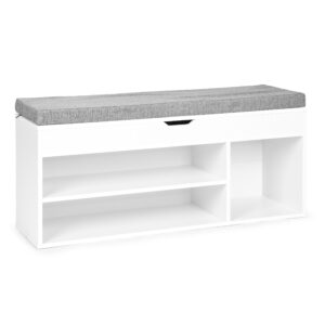 Batų spintelė su pilka pagalvėle ir pakeliama sėdyne, 3 lentynos, balta, ModernHome - Image 3