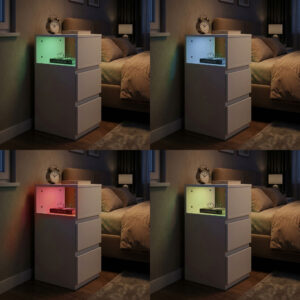 LED naktinis staliukas miegamajam, spintelė su 2 stalčiais, balta, ModernHome - Image 3