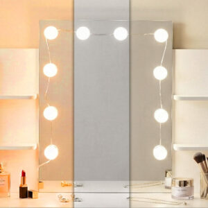 Didelis kosmetinis staliukas su veidrodžiu ir LED apšvietimu, 3 spalvų režimai, lentynos, stalčiai ModernHome - Image 3
