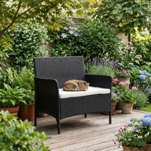 Dvivietė sodo sofa su pagalvėle, suoliukas balkonui, terasai, sodui, juoda, MultiGarden - Image 3