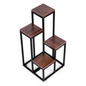 Gėlių ir dekoracijų stovas-lentyna – 4 pakopų, metalas ir MDF, tamsaus riešutmedžio spalvos ModernHome - Image 4