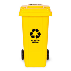 Šiukšlių konteineris 120L geltonas, plastikinis su guminiais ratukais - Image 4