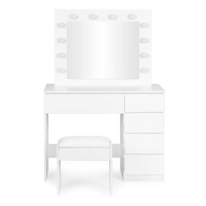 Kosmetinis staliukas su veidrodžiu ir apšvietimu, 5 stalčiai, kėdutė, ModernHome - Image 4