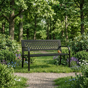 Sodo suoliukas su ažūriniu atlošu 120×50 cm, metalinis, parko stiliaus, juodas, MultiGarden - Image 4