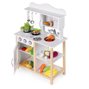 Medinė vaikiška virtuvėlė su orkaite ir maisto gaminimo priedais, balta, ECOTOYS - Image 4