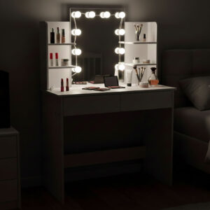 Didelis kosmetinis staliukas su veidrodžiu ir LED apšvietimu, 3 spalvų režimai, lentynos, stalčiai ModernHome - Image 4