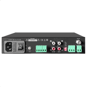 Shure | Yes | Outputs: Low impedance output: 4 Ω (Phoenix connector); Hi impedance: 100 V (Phoenix connector); Line output (stereo RCA). MIC inputs: Sensitivity: -45 dBu; Connector: MIC 1 – Phoenix; Priority: MIC 1 only, switchable; Phantom power: MIC 1 only, 24 VDC, switchable. AUX input: Low impedance output: 4 Ω (Phoenix connector); Hi impedance: 100 V (Phoenix connector); Line output (stereo RCA). - Image 2