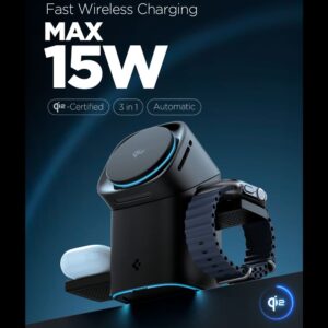 SPIGEN EF223MS ESSENTIAL 3-in-1 sukamasis magnetinis „MagSafe“ belaidis įkroviklis 15W QI2 juodas - Image 4