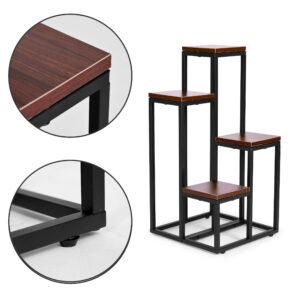 Gėlių ir dekoracijų stovas-lentyna – 4 pakopų, metalas ir MDF, tamsaus riešutmedžio spalvos ModernHome - Image 5