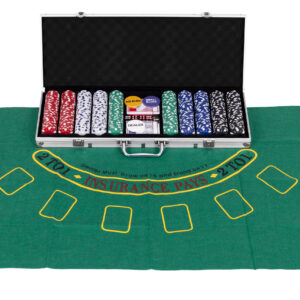 Pokerio ir „Blackjack“ rinkinys – 500 žetonų, 2 kortų kaladės, kauliukai, žaidimų kilimėlis, rakinamas lagaminas - Image 5