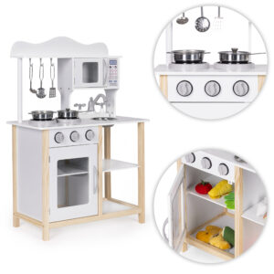 Medinė vaikiška virtuvėlė su orkaite ir maisto gaminimo priedais, balta, ECOTOYS - Image 5