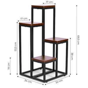 Gėlių ir dekoracijų stovas-lentyna – 4 pakopų, metalas ir MDF, tamsaus riešutmedžio spalvos ModernHome - Image 6