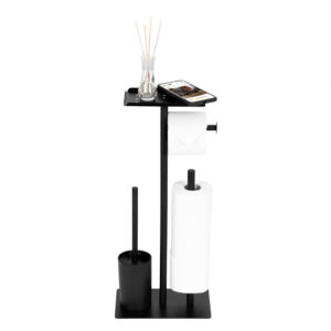 Vonios kambario stovas su tualetinio popieriaus laikikliu, tualeto šepečiu ir lentyna, juodas, ModernHome - Image 6