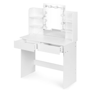Didelis kosmetinis staliukas su veidrodžiu ir LED apšvietimu, 3 spalvų režimai, lentynos, stalčiai ModernHome - Image 6