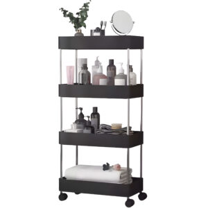 Plastikinė vonios kambario lentyna su 4 lentynomis ir ratukais, juoda, ModernHome - Image 7