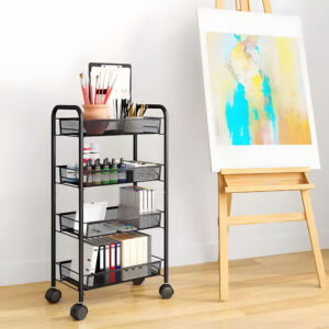 Juodas metalinis lentynų organizatorius virtuvei ar vonios kambariui, 4 lentynos su ratukais, ModernHome - Image 7