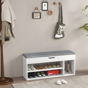Batų spintelė su pilka pagalvėle ir pakeliama sėdyne, 3 lentynos, balta, ModernHome - Image 7