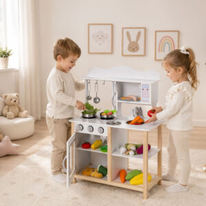 Medinė vaikiška virtuvėlė su orkaite ir maisto gaminimo priedais, balta, ECOTOYS - Image 7