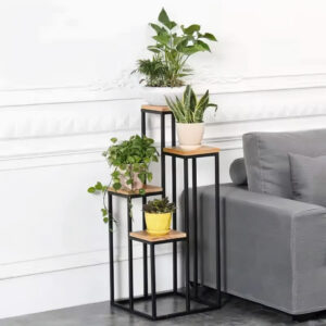 Gėlių ir dekoracijų stovas-lentyna – 4 pakopų, metalas ir MDF, tamsaus riešutmedžio spalvos ModernHome - Image 8
