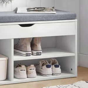 Batų spintelė su pilka pagalvėle ir pakeliama sėdyne, 3 lentynos, balta, ModernHome - Image 8