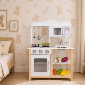 Medinė vaikiška virtuvėlė su orkaite ir maisto gaminimo priedais, balta, ECOTOYS - Image 8