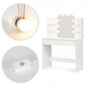 Didelis kosmetinis staliukas su veidrodžiu ir LED apšvietimu, 3 spalvų režimai, lentynos, stalčiai ModernHome - Image 8