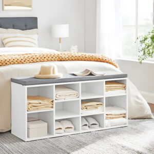 Batų spintelė su pilka pagalvėle, 10 lentynų, balta, ModernHome - Image 9