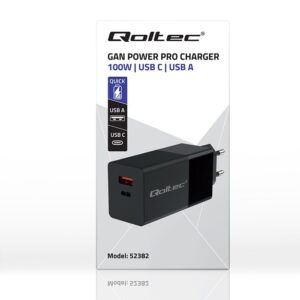 Qoltec 52382 GaN POWER PRO įkroviklis | 1xUSB tipo C | 1xUSB A | 100W | 5-20V | 1,5-5A | PD | Juoda - Image 3