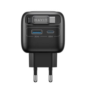 Havit UC253 EU - GaN kelioninis įkroviklis su ištraukiamu kabeliu, 65 W (juodas)