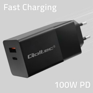 Qoltec 52382 GaN POWER PRO įkroviklis | 1xUSB tipo C | 1xUSB A | 100W | 5-20V | 1,5-5A | PD | Juoda