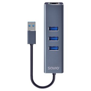 Savio AK-57 USB-A - 3 x USB-A HUB with RJ-45 Gigabit Ethernet adapter 5000 Mbit/s grey USB 3.2 Gen 1 (3.1 Gen 1) Micro-B 5000 Mbit/ai Juoda