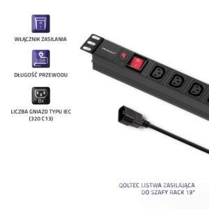 Qoltec 53998 Maitinimo juosta, skirta RACK 19 "| 1U | 10A | PDU | 8xIEC C13 | 2m - Image 3