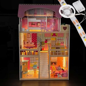 MEDINIS LĖLIŲ NAMELIS LED XXXL 60x33x90CM + 3 LĖLĖS + 2 GYVŪNĖLIAI 1041094 - Image 10