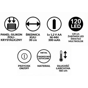 SAULĖS ENERGIJA ĮKRAUNAMAS PAKABINAMAS ŠVIEČIANTIS RUTULYS 30CM 120 LED ŠALTAS BALTAS 1074597 - Image 4