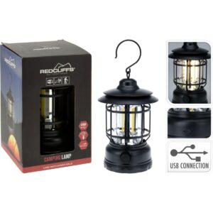 STOVYKLAVIMO ŽIBINTUVĖLIS LEMPA JUODAS 18CM USB ĮKROVIMAS REDCLIFFS 904049