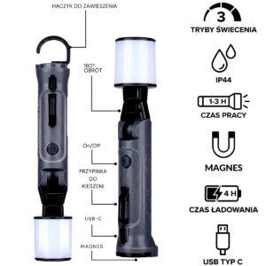 TURISTINIS ŽIBINTĖLIS SU PASUKAMA GALVUTE IR MAGNETU LED USB 1200mAh GRUNDIG 587929 - Image 3