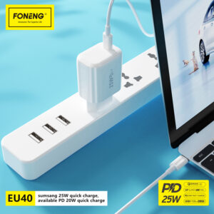 Foneng laidinis įkroviklis EU40 - Type C - PD 25W 3A with Type C to Type C cable baltos spalvos - Image 4