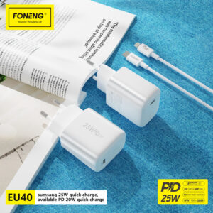 Foneng laidinis įkroviklis EU40 - Type C - PD 25W 3A with Type C to Type C cable baltos spalvos - Image 5